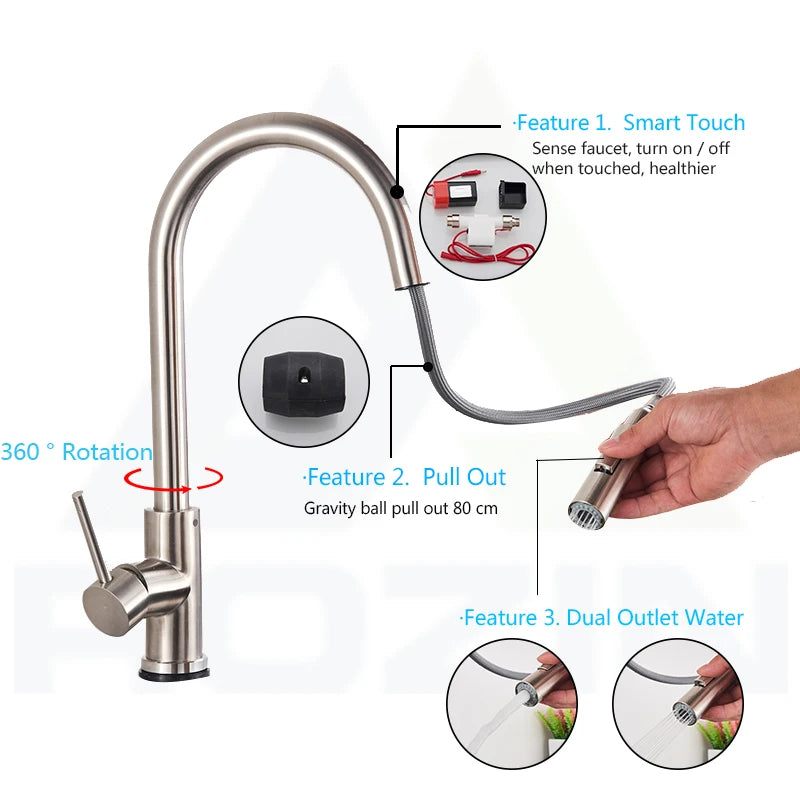 Rozin toque inteligente torneira da cozinha preto pull out sensor torneiras preto/níquel 360 rotação guindaste 2 saída torneiras misturadoras de água