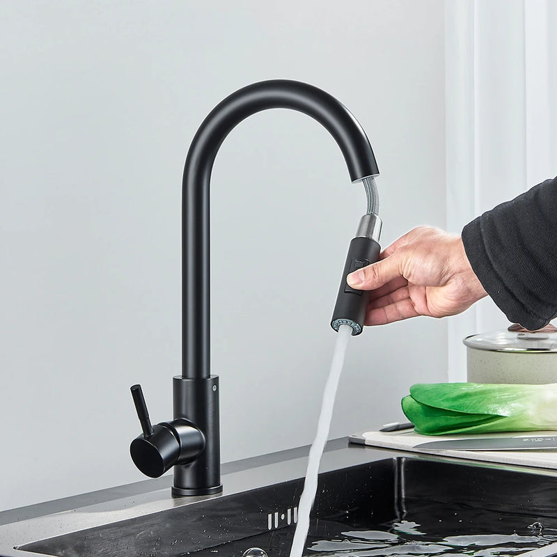 Preto torneira da cozinha duas funções único punho pull out mixer torneiras de água quente e fria deck montado