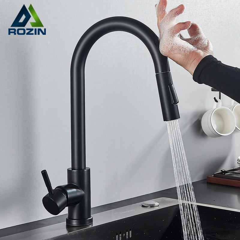 Rozin toque inteligente torneira da cozinha preto pull out sensor torneiras preto/níquel 360 rotação guindaste 2 saída torneiras misturadoras de água