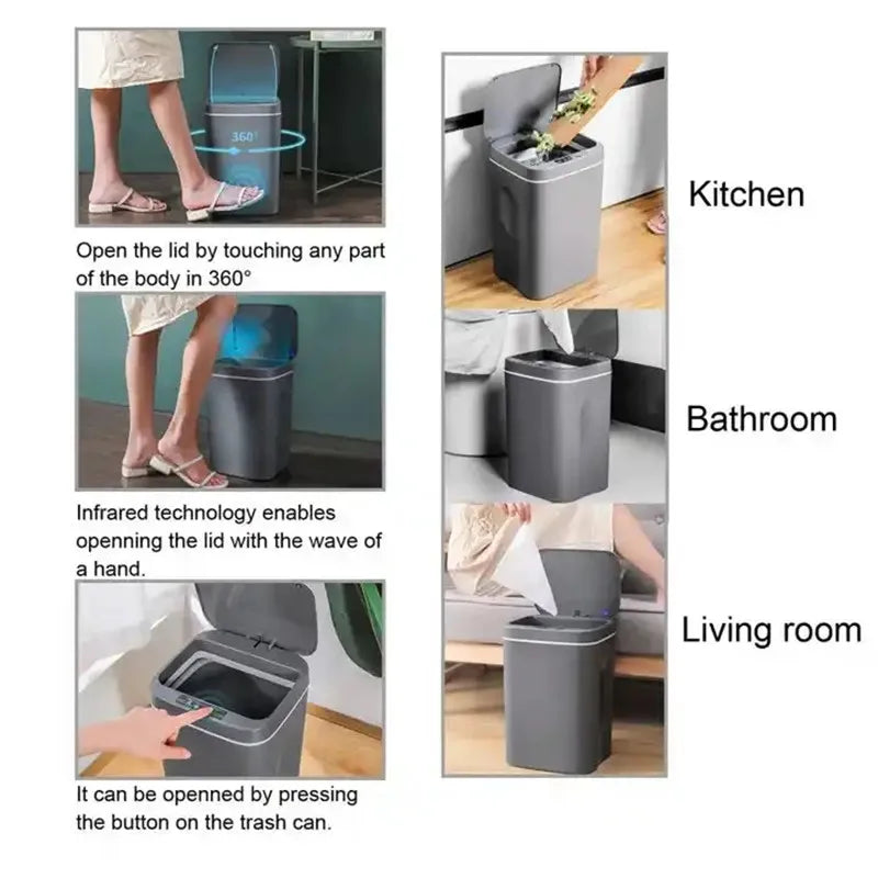 Lixeira elétrica com sensor automático, 16l, sem toque, inteligente, cozinha, banheiro, à prova d'água, balde de lixo com tampa, lixeira doméstica