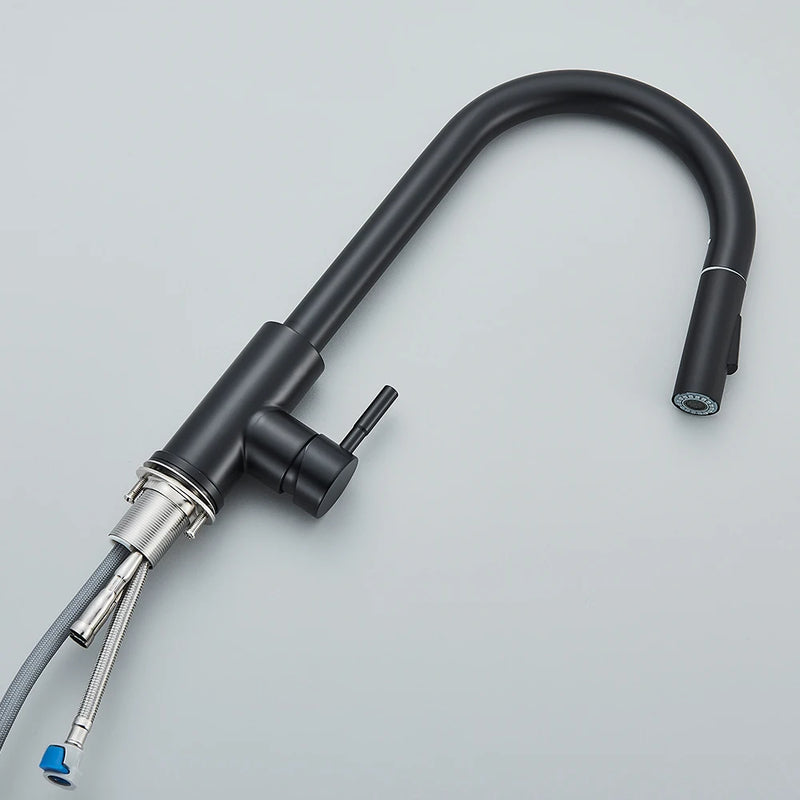 Preto torneira da cozinha duas funções único punho pull out mixer torneiras de água quente e fria deck montado