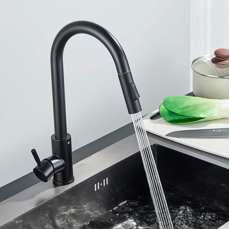 Preto torneira da cozinha duas funções único punho pull out mixer torneiras de água quente e fria deck montado