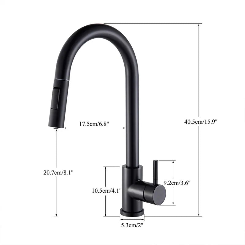 Preto torneira da cozinha duas funções único punho pull out mixer torneiras de água quente e fria deck montado