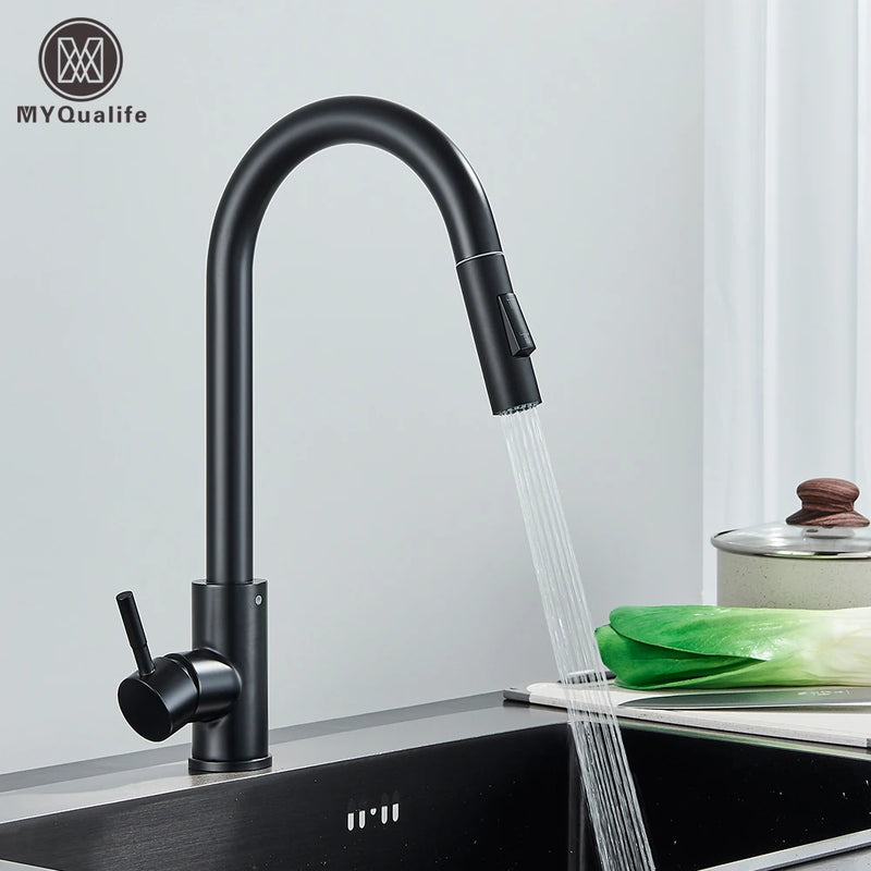 Preto torneira da cozinha duas funções único punho pull out mixer torneiras de água quente e fria deck montado