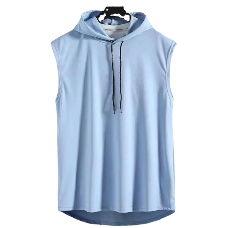 Colete sem mangas com capuz muscular, seda gelo, musculação, ginásio, treino, camisa fitness, tops de hip hop, alta qualidade, verão